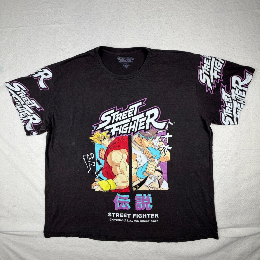 Street Fighter Capcom Graphic T-Shirt Mens 4XL Black Ryu Ken Sleeve Print Tee